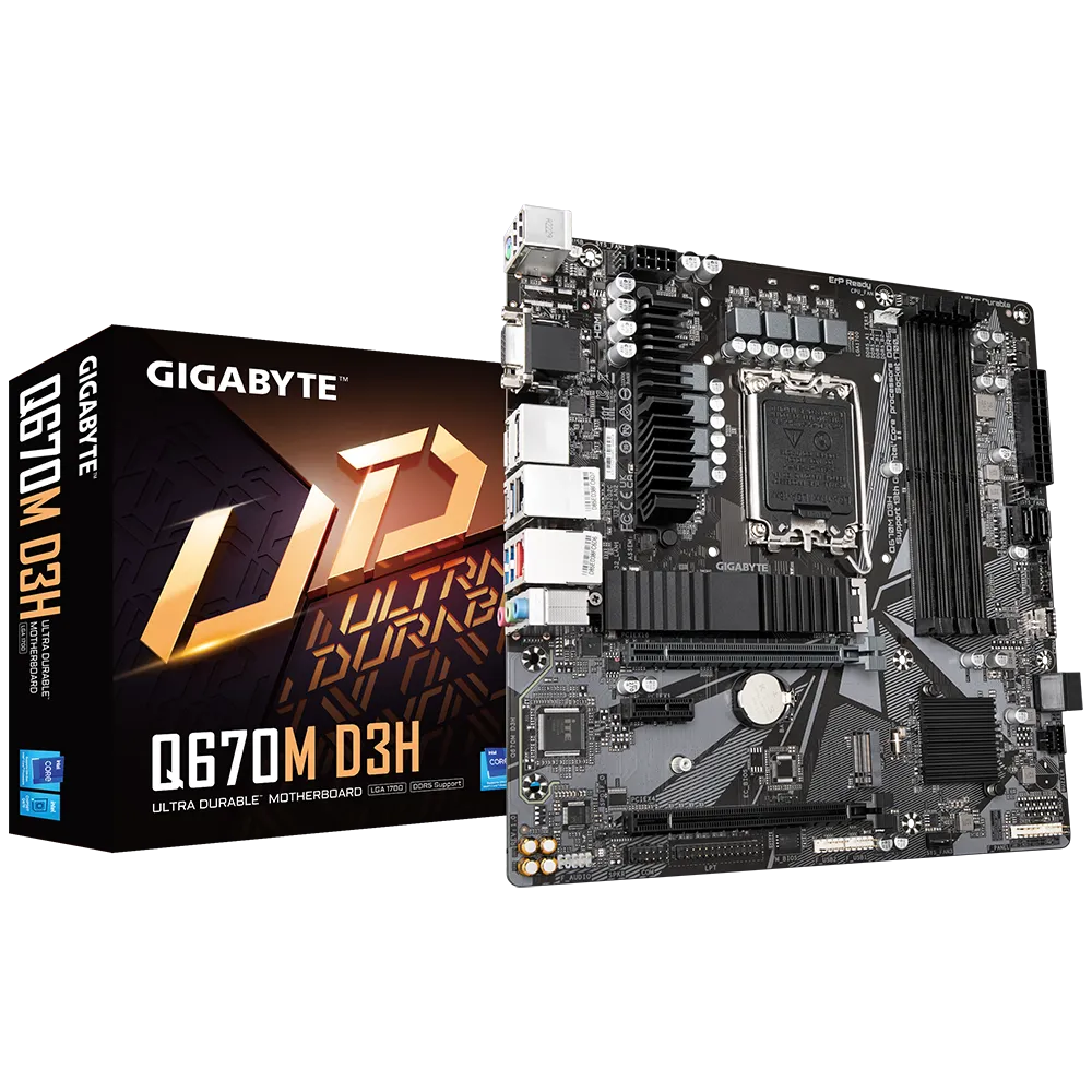 

Материнская плата GIGABYTE Q670M D3H, Socket1700, Intel Q670, 4xDDR5 DIMM, 2PCI-Ex16, 4SATA3, 7.1-ch, GLAN, 2.5GLAN, 5 USB 3.2, 2 USB Type-C, VGA, HDMI, DP, mATX, Retail, Q670M D3H