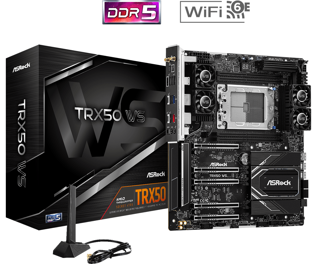 

Материнская плата ASRock TRX50 WS, sTR5, AMD TRX50, 4xDDR5 DIMM, 5PCI-Ex16, 4SATA3, 7.1-ch, 2.5GLAN, 10GLAN, 8 USB 3.2, 3 USB Type-C, ATX, Retail, TRX50 WS