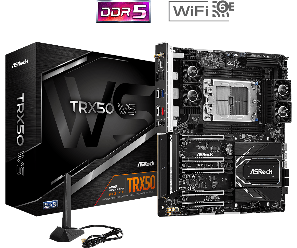 Материнская плата ASRock TRX50 WS, sTR5, AMD TRX50, 4xDDR5 DIMM, 5PCI-Ex16, 4SATA3, 7.1-ch, 2.5GLAN, 10GLAN, 8 USB 3.2, 3 USB Type-C, ATX, Retail