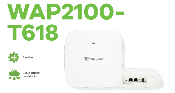 Точка доступа BDCOM WAP2100-W618 LAN: 1 Гбит/с, 1 Гбит/с, 802.11a/b/g/n/ac/ac-wave2/ax, 2.4 / 5 ГГц, до 1.78 Гбит/с, внутренних антенн: 2x2.5 дБи, PoE (WAP2100-W618)