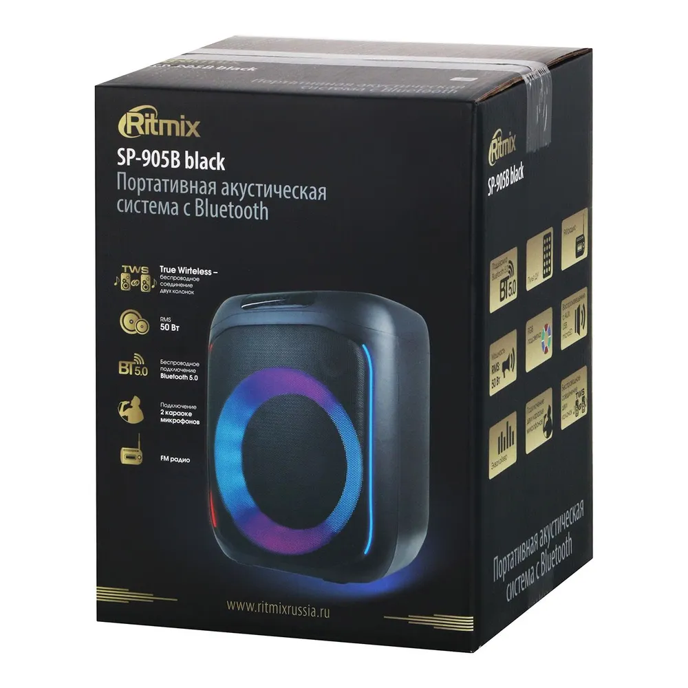 Портативная акустика Ritmix SP-905B , 50 Вт, FM, AUX, USB, microSD, Bluetooth, подсветка, черный (SP-905B )
