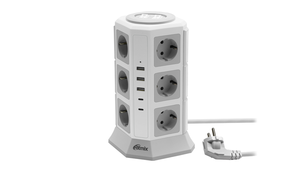 

Сетевой фильтр Ritmix RM-2123C, 12, 3xUSB, 2xUSB Type-C, 2 м, белый, RM-2123C