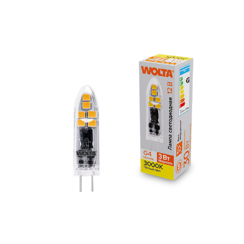 

Лампа светодиодная G4, JC, 12 В, 3 Вт, 240лм, 3000K/теплый, 80 Ra, Wolta WSTD-JC-12V3W3KG4-P (WSTD-JC-12V3W3KG4-P), WSTD-JC-12V3W3KG4-P