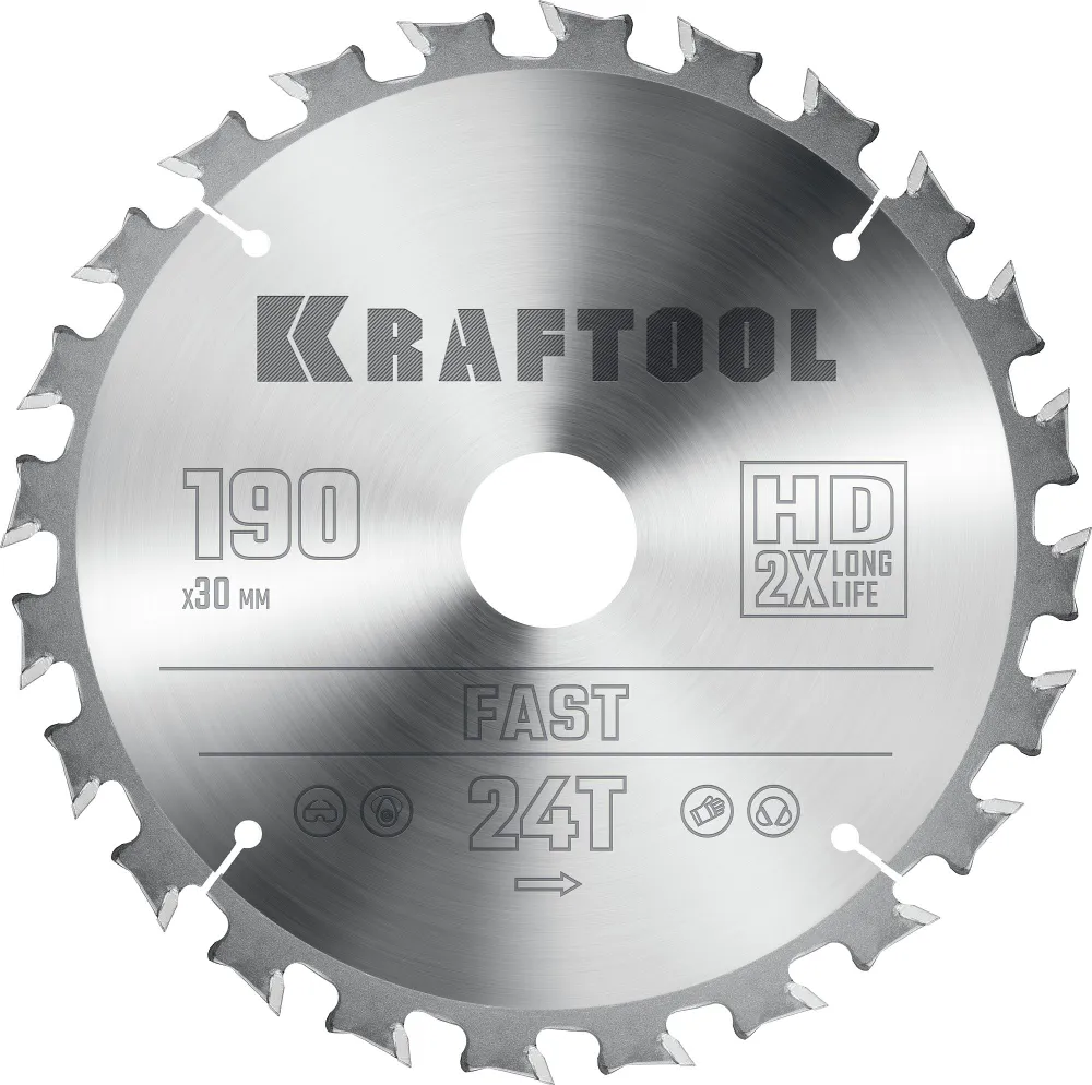 Пильный диск Kraftool Fast, ⌀190 мм x 30 мм по дереву, быстрый рез, 24T, 1 шт. (36950-190-30)