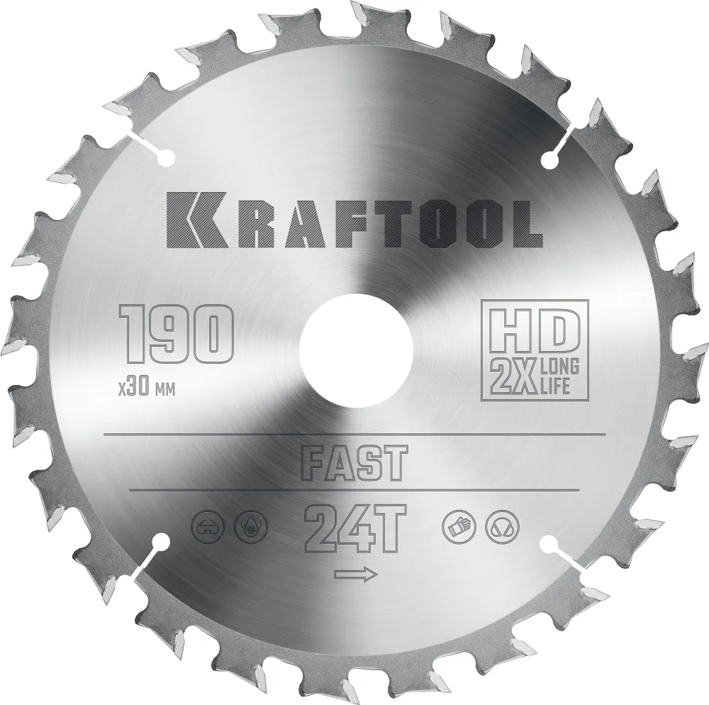 

Пильный диск Kraftool Fast, ⌀190 мм x 30 мм по дереву, быстрый рез, 24T, 1 шт. (36950-190-30)