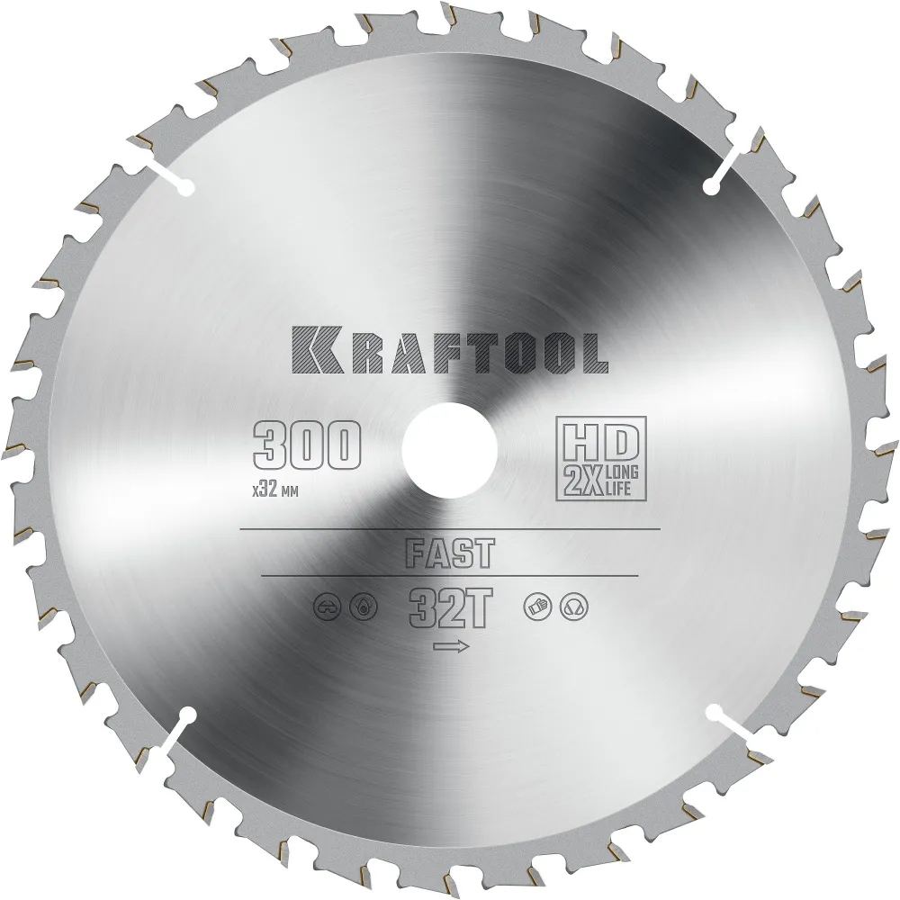 

Пильный диск Kraftool Fast, ⌀300 мм x 32 мм по дереву, быстрый рез, 32T, 1 шт. (36950-300-32)