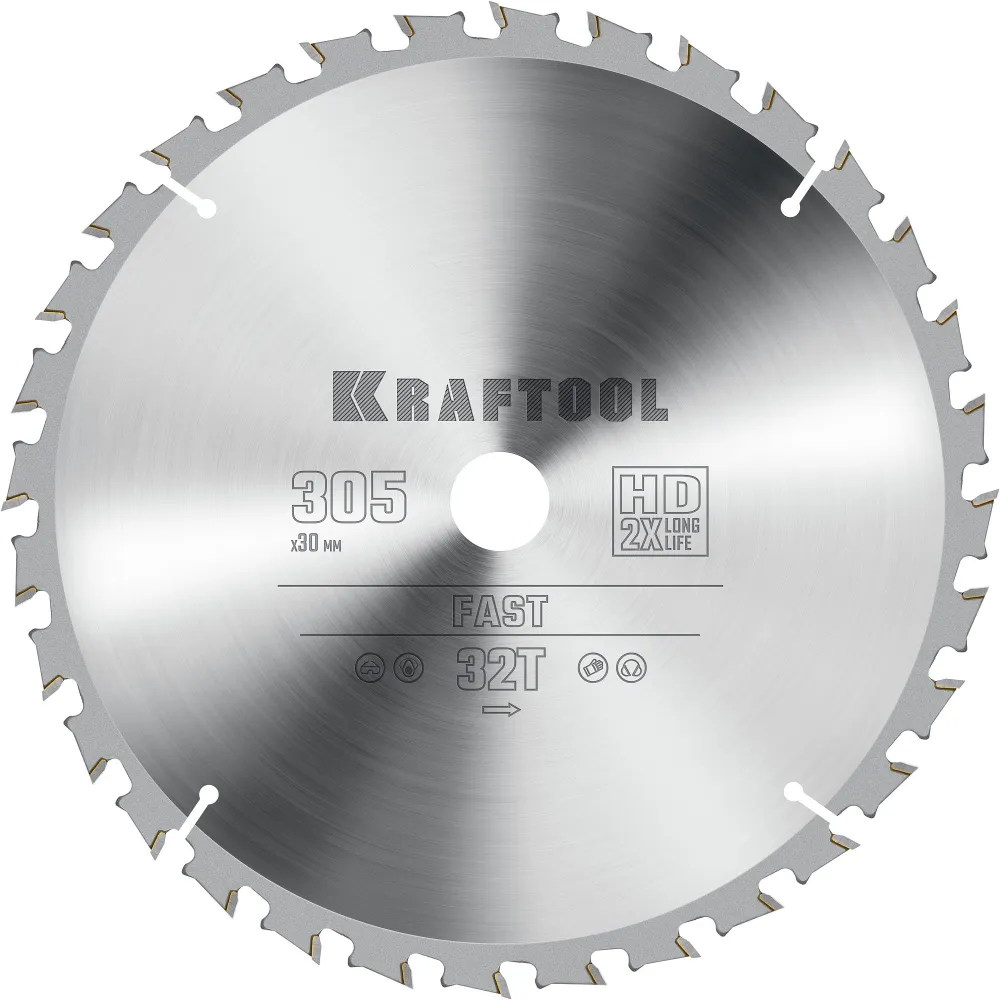 

Пильный диск Kraftool Fast, ⌀305 мм x 30 мм по дереву, быстрый рез, 32T, 1 шт. (36950-305-30)