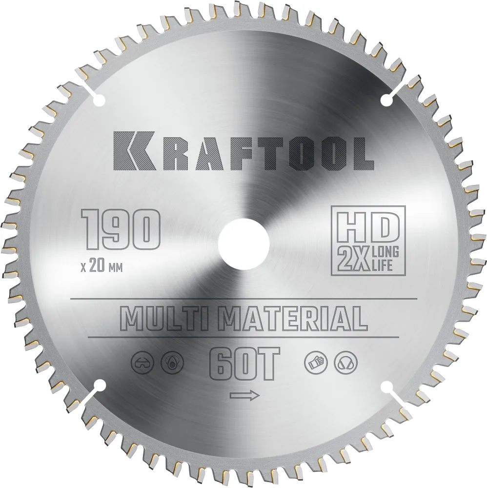 

Пильный диск Kraftool Multi Material, ⌀190 мм x 20 мм по алюминию, идеальный рез, 60T, 1 шт. (36953-190-20)