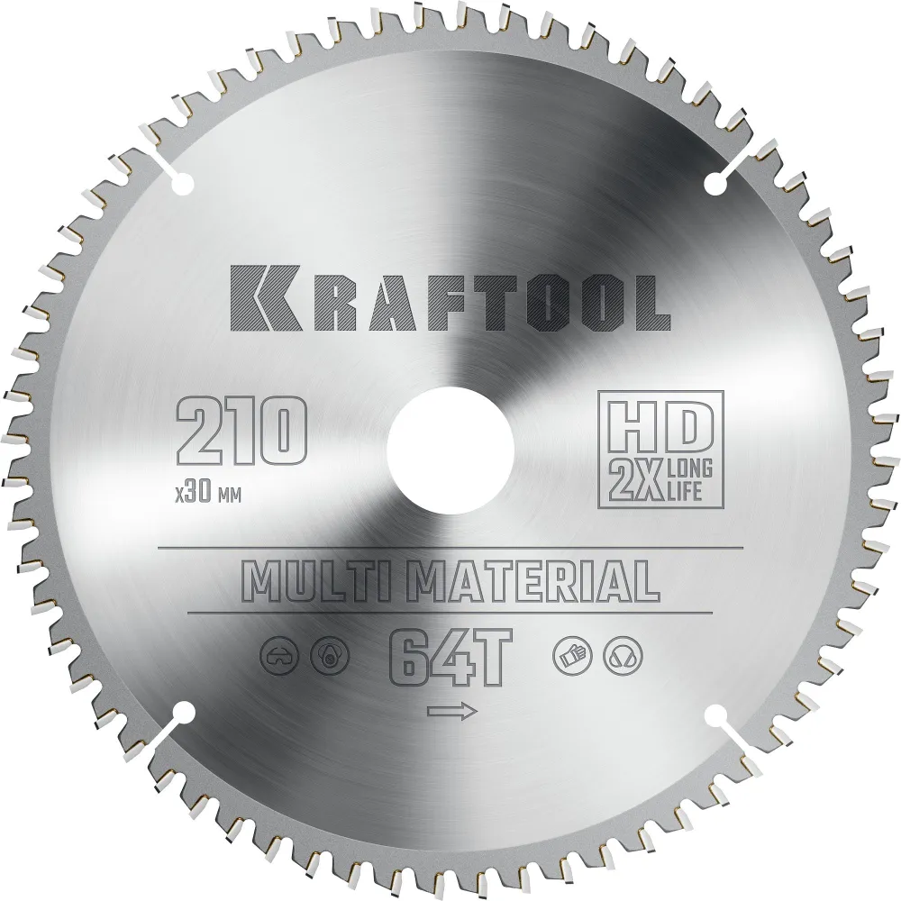 

Пильный диск Kraftool Multi Material, ⌀210 мм x 30 мм по алюминию, идеальный рез, 64T, 1 шт. (36953-210-30)