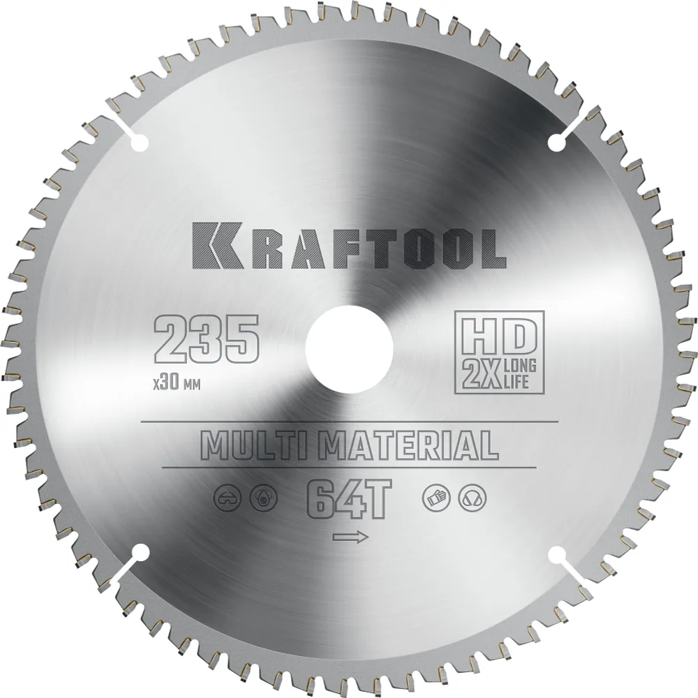 

Пильный диск Kraftool Multi Material, ⌀235 мм x 30 мм по алюминию, идеальный рез, 64T, 1 шт. (36953-235-30)