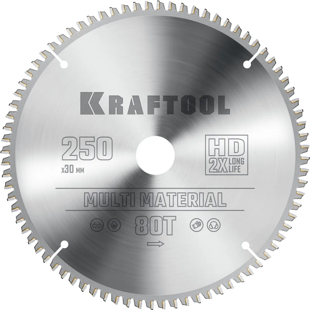 

Пильный диск Kraftool Multi Material, ⌀250 мм x 30 мм по алюминию, идеальный рез, 80T, 1 шт. (36953-250-30)