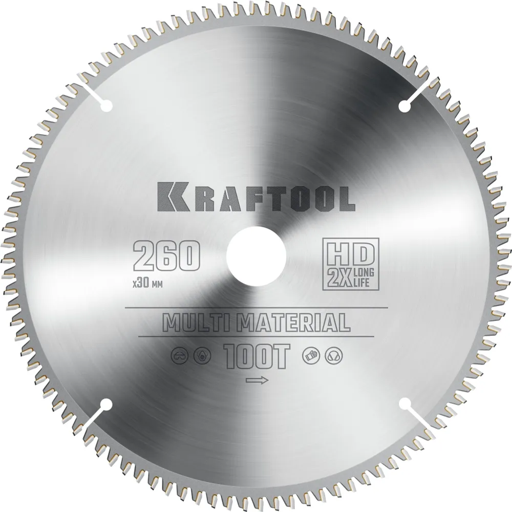 

Пильный диск Kraftool Multi Material, ⌀260 мм x 30 мм по алюминию, идеальный рез, 100T, 1 шт. (36953-260-30)