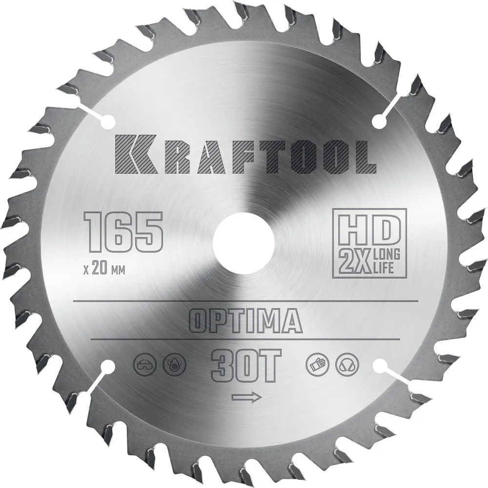 

Пильный диск Kraftool Optima, ⌀165 мм x 20 мм по дереву, оптимальный рез, 30T, 1 шт. (36951-165-20)