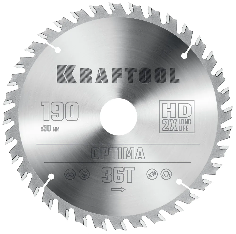 Пильный диск Kraftool Optima, ⌀190 мм x 30 мм по дереву, оптимальный рез, 36Т, 1 шт. (36951-190-30)
