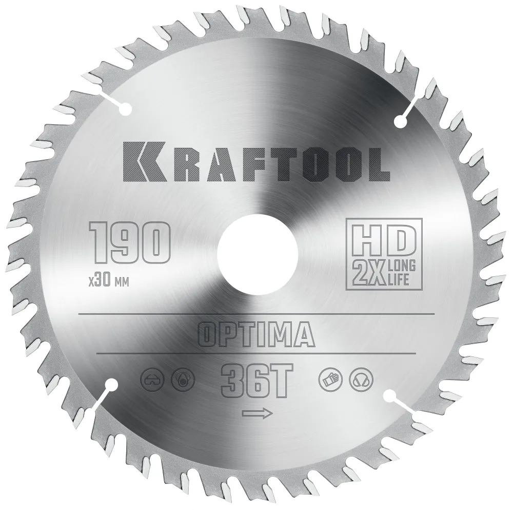 

Пильный диск Kraftool Optima, ⌀190 мм x 30 мм по дереву, оптимальный рез, 36Т, 1 шт. (36951-190-30)