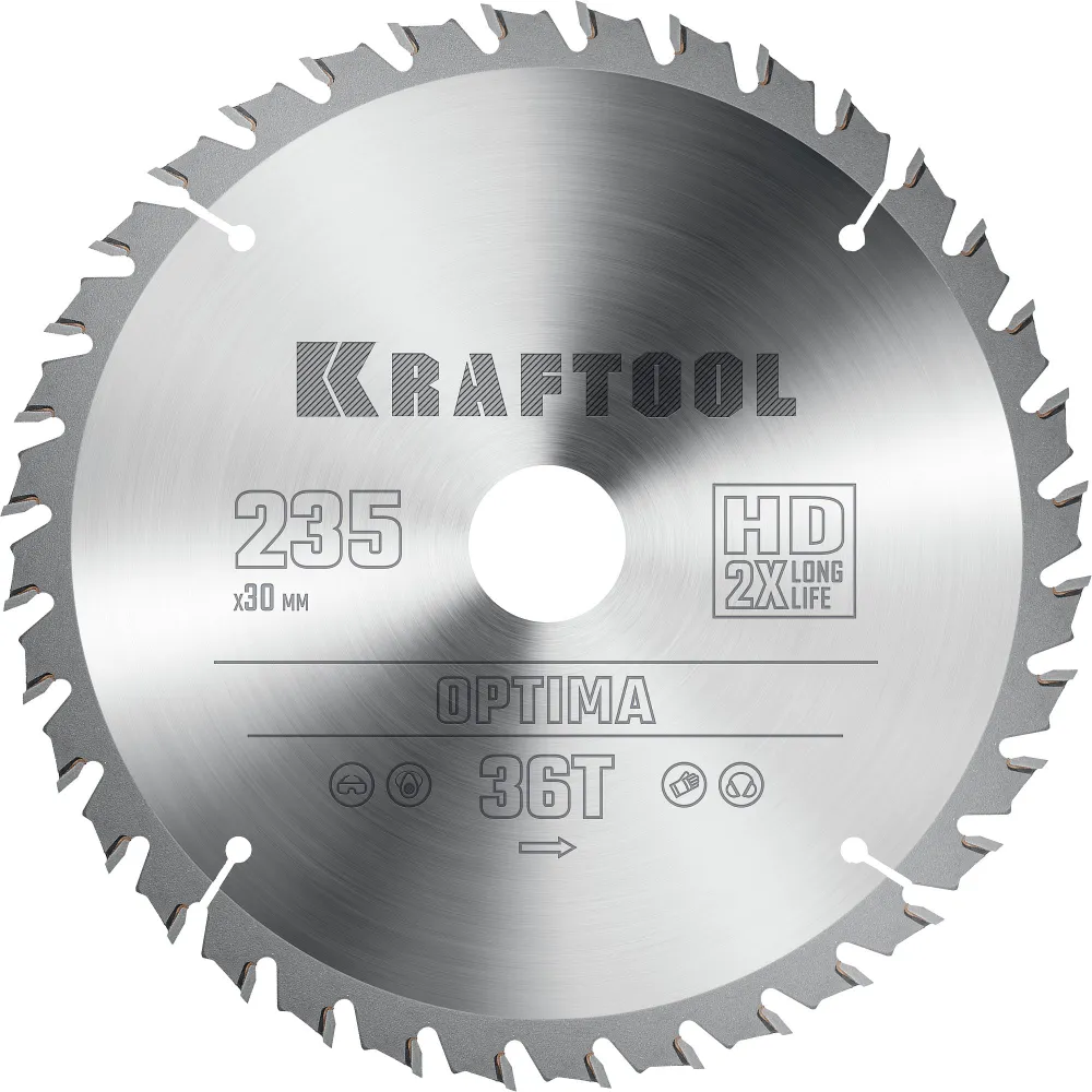 

Пильный диск Kraftool Optima, ⌀235 мм x 30 мм по дереву, оптимальный рез, 36Т, 1 шт. (36951-235-30)