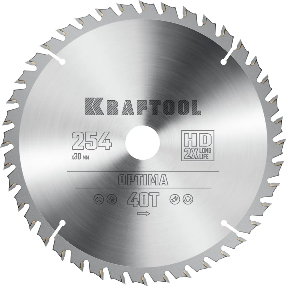 

Пильный диск Kraftool Optima, ⌀254 мм x 30 мм по дереву, оптимальный рез, 40Т, 1 шт. (36951-254-30)