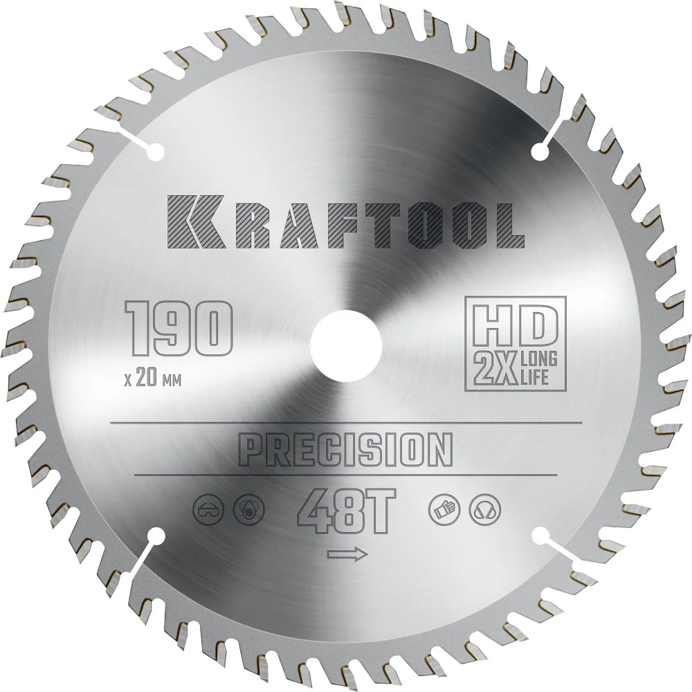 Пильный диск Kraftool Precission, ⌀190 мм x 20 мм по дереву, чистый и точный рез, 48Т, 1 шт. (36952-190-20)
