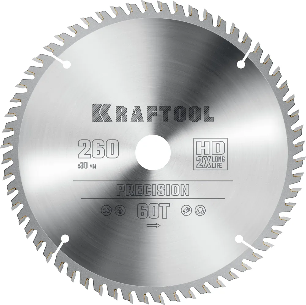 

Пильный диск Kraftool Precission, ⌀260 мм x 30 мм по дереву, чистый и точный рез, 60T, 1 шт. (36952-260-30)