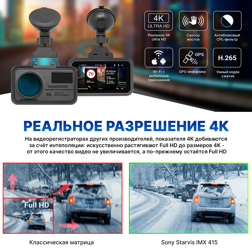 Видеорегистратор TrendVision TDR-725 Real 4K, 3840x2160 30 к/с