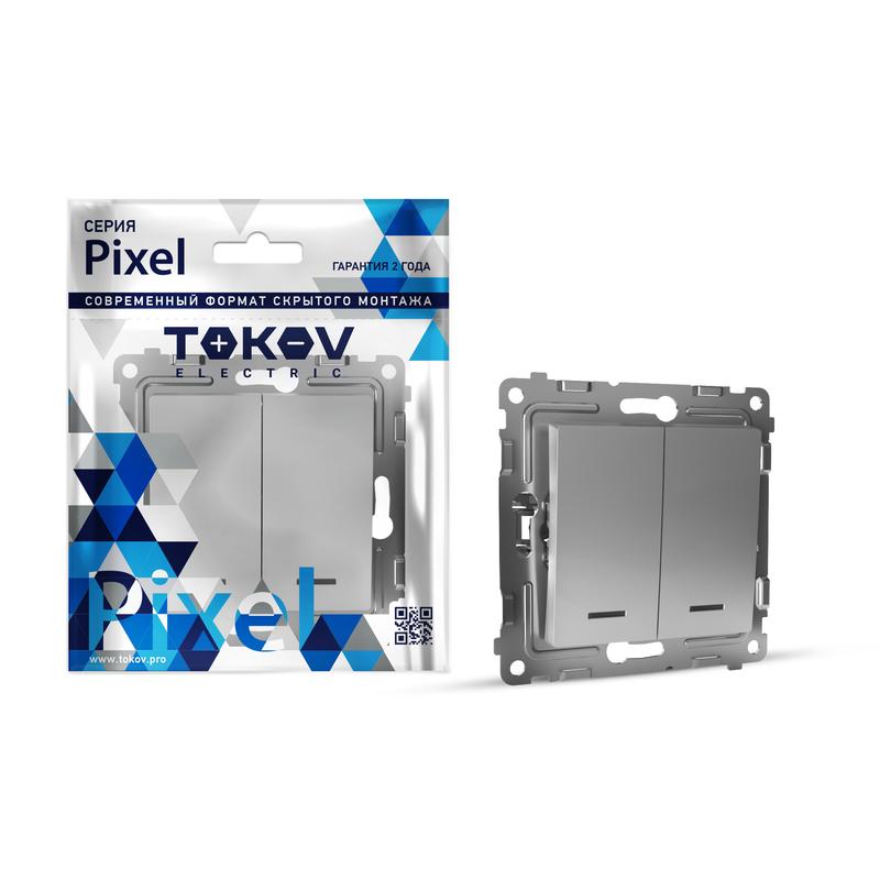 Выключатель Tokov Electric Pixel TKE-PX-V2I-C03, 2кл., индикатор/подсветка, скрытый монтаж, механизм с накладкой без рамки, алюминий (TKE-PX-V2I-C03)