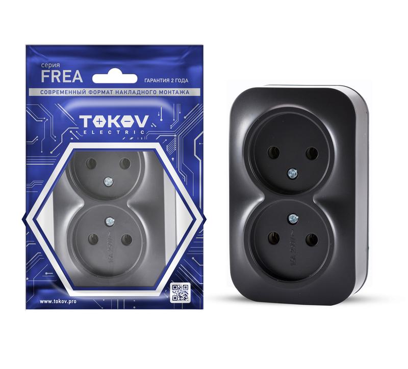 Розетка TOKOV ELECTRIC Frea, открытый монтаж, 2-х постовая, 16А, в сборе, IP20, карбон, 1 шт. (TKE-FR-R2-C14) - фото 1