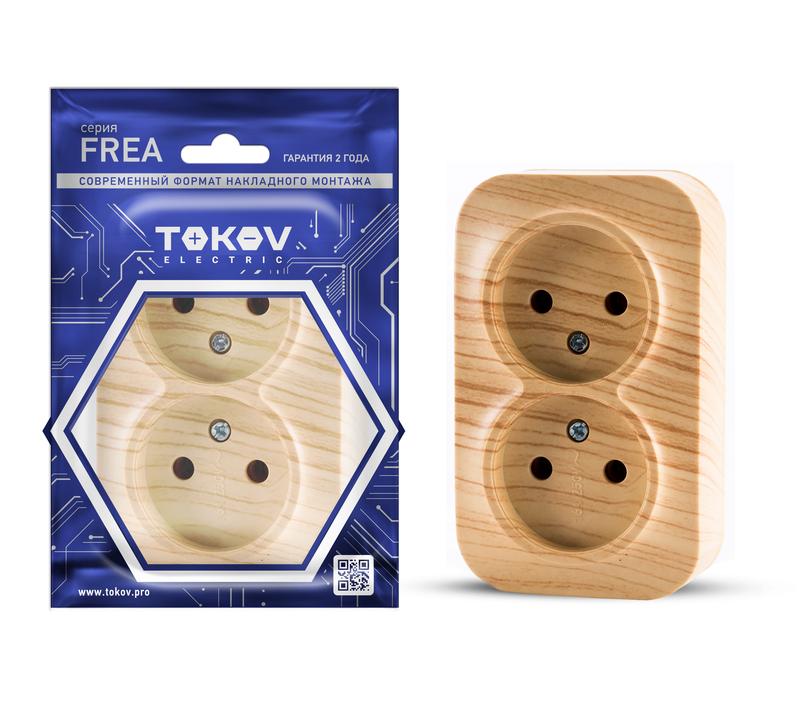 Розетка TOKOV ELECTRIC Frea, открытый монтаж, 2-х постовая, 16А, в сборе, IP20, сосна, 1 шт. (TKE-FR-R2-C25) - фото 1