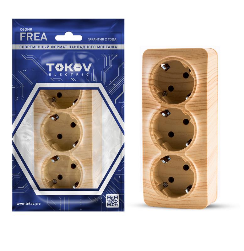 

Розетка TOKOV ELECTRIC Frea, открытый монтаж, 3-х постовая, с з/к, 16А, в сборе, IP20, сосна, 1 шт. (TKE-FR-R3Z-C25)