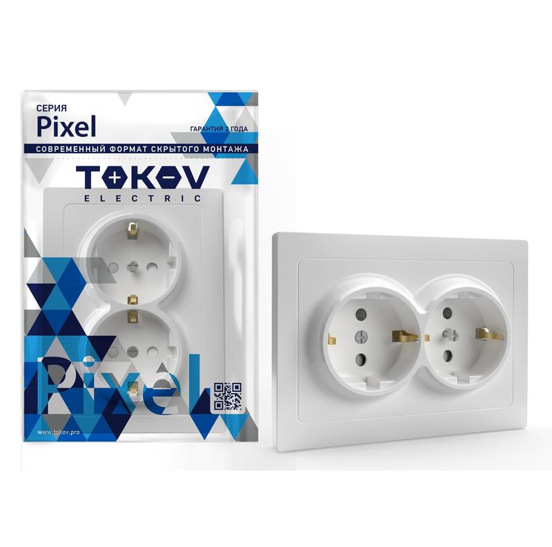 Розетка TOKOV ELECTRIC Pixel, скрытый монтаж, 2-х постовая, с з/к, со шторками, 16А, в сборе, IP20, белый, 1 шт. (TKE-PX-R2FZSF-C01) - фото 1