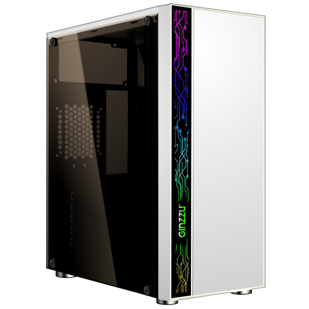 Корпус Ginzzu A390, ATX, Midi-Tower, USB 3.0, RGB подсветка, белый, без БП