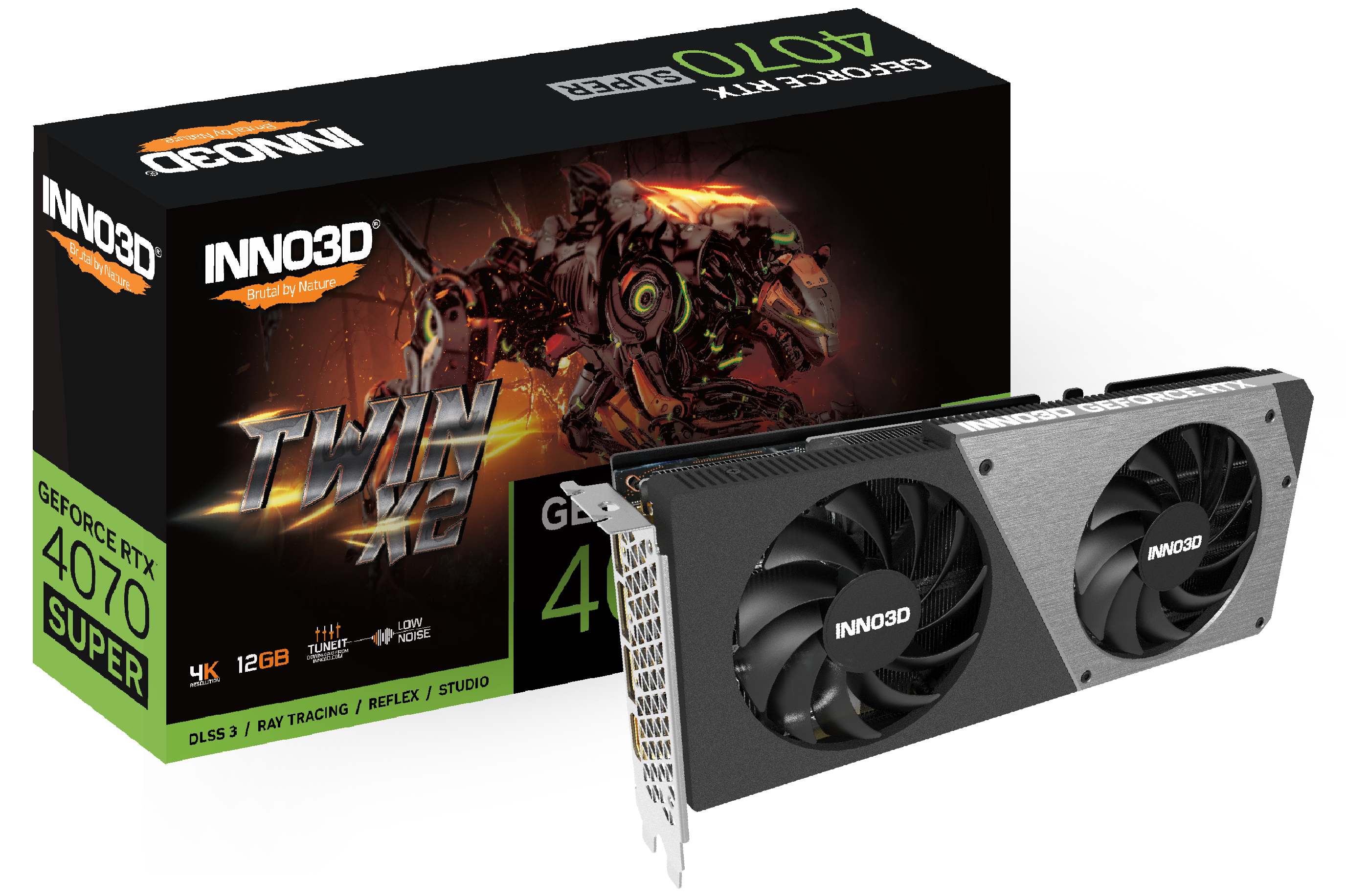 

Видеокарта Inno3D NVIDIA GeForce RTX 4070 Super Twin X2, 12Gb GDDR6X, 192 бит, PCI-E, HDMI, 3DP, Retail (N407S2-126X-186162N), Twin X2