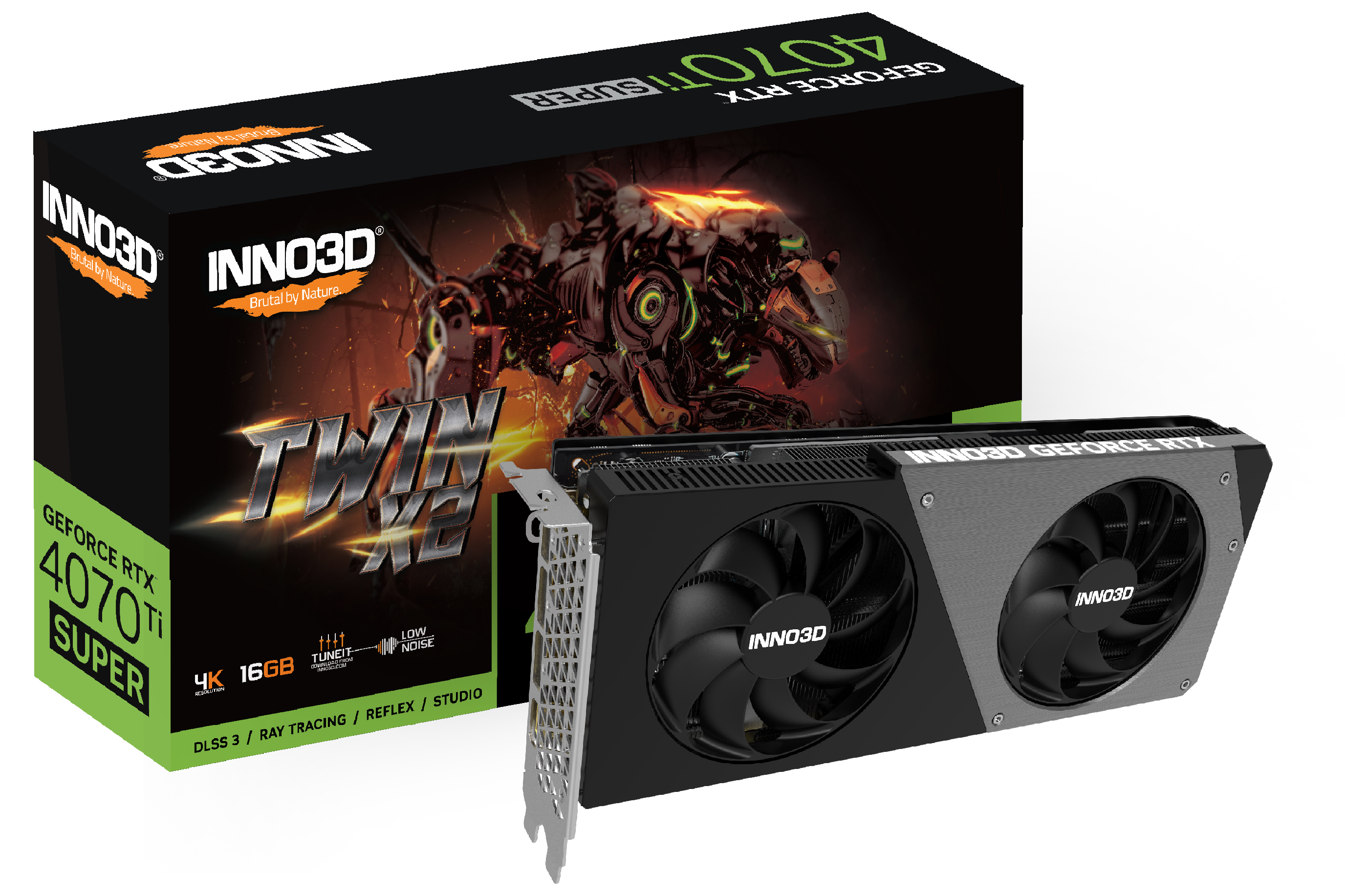 

Видеокарта Inno3D NVIDIA GeForce RTX 4070Ti SUPER TwinX2, 16Gb GDDR6X, 256 бит, PCI-E, HDMI, 3DP, Retail (N407TS2-166X-186156N), TwinX2