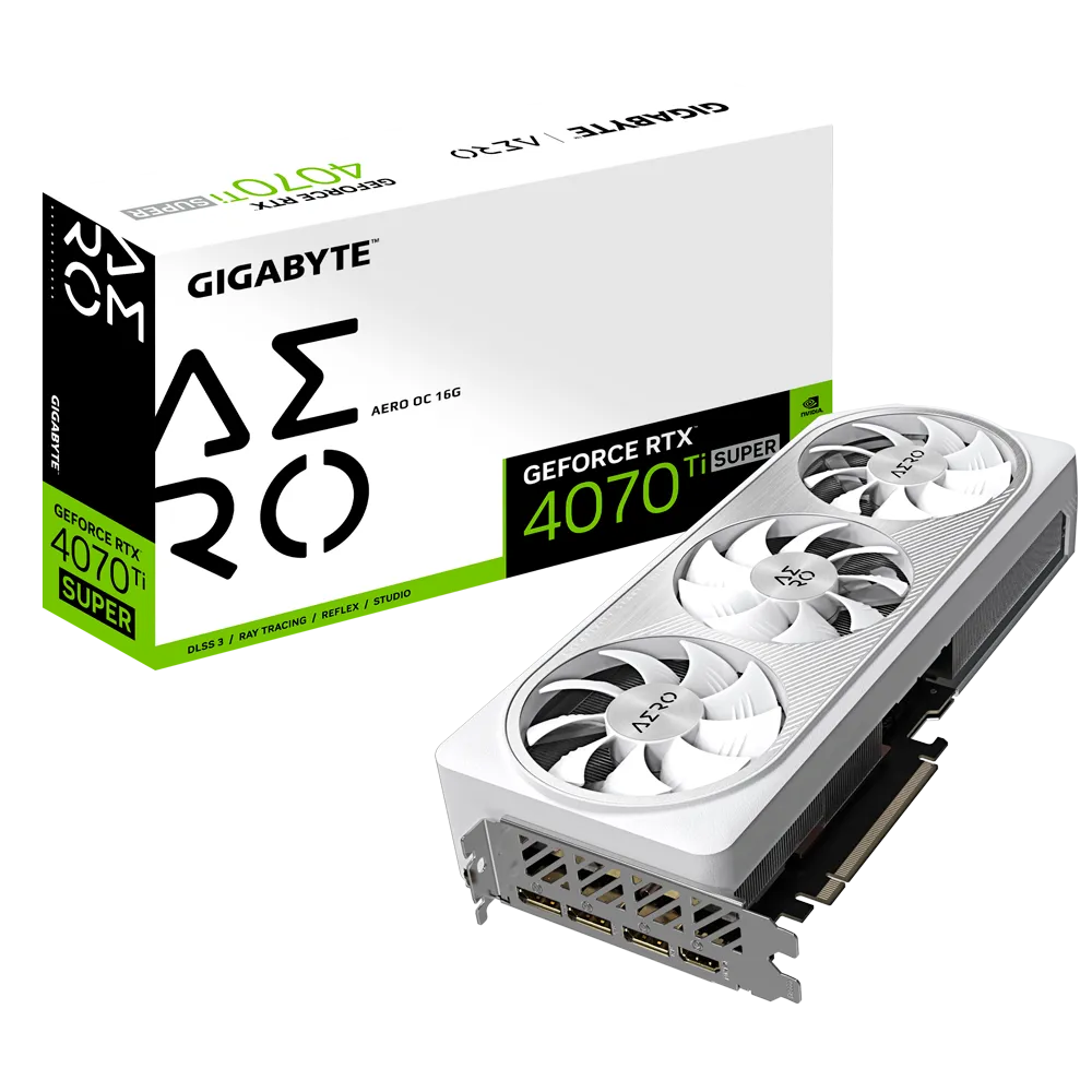 Видеокарта GIGABYTE NVIDIA GeForce RTX 4070Ti SUPER AERO OC, 16Gb DDR6X, 256 бит, PCI-E, HDMI, 3DP, Retail (GV-N407TSAERO OC-16GD)