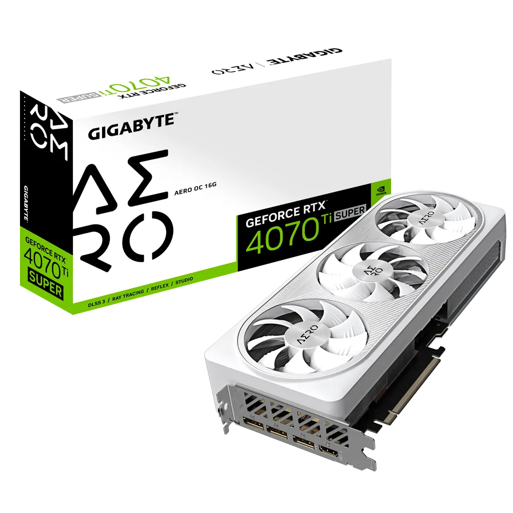 

Видеокарта GIGABYTE NVIDIA GeForce RTX 4070Ti SUPER AERO OC, 16Gb GDDR6X, 256 бит, PCI-E, HDMI, 3DP, Retail (GV-N407TSAERO OC-16GD), AERO OC