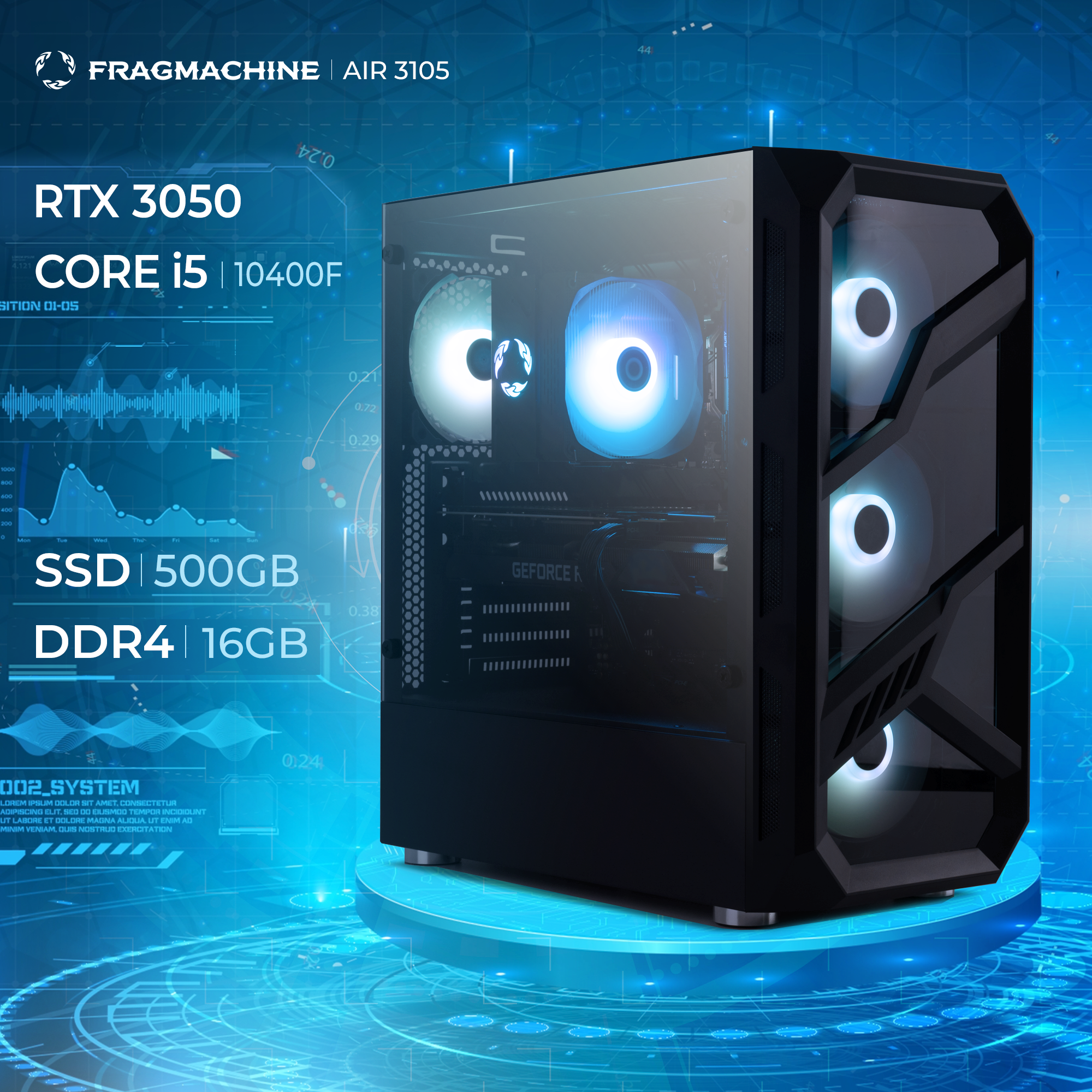 

Системный блок FragMachine Air 3105 , Intel Core i5 10400F 2.9 ГГц, 16Gb RAM, 500Gb SSD, NVIDIA GeForce RTX 3050 8Gb, без ОС, черный (stc_133728), Air 3105