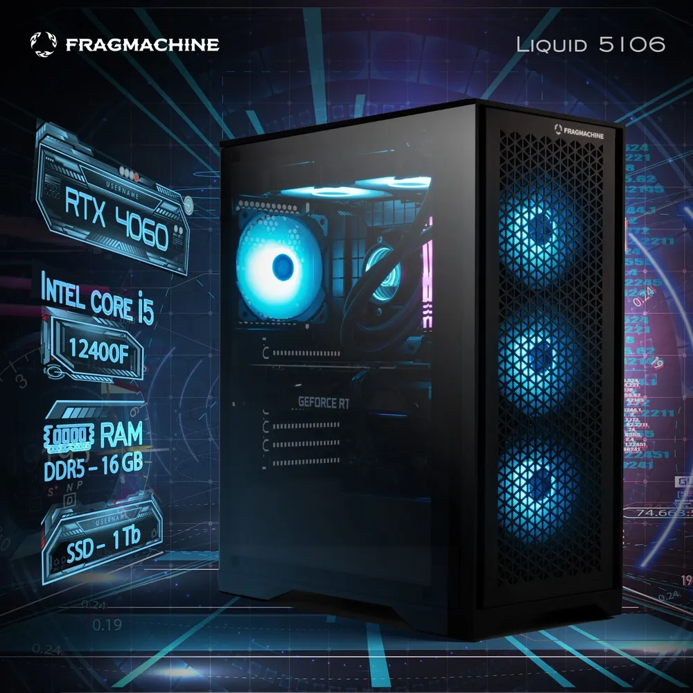 Системный блок FragMachine Liquid 5106, Intel Core i5 12400F, 16Gb, 1Tb SSD, NVIDIA GeForce RTX 4060, без ОС