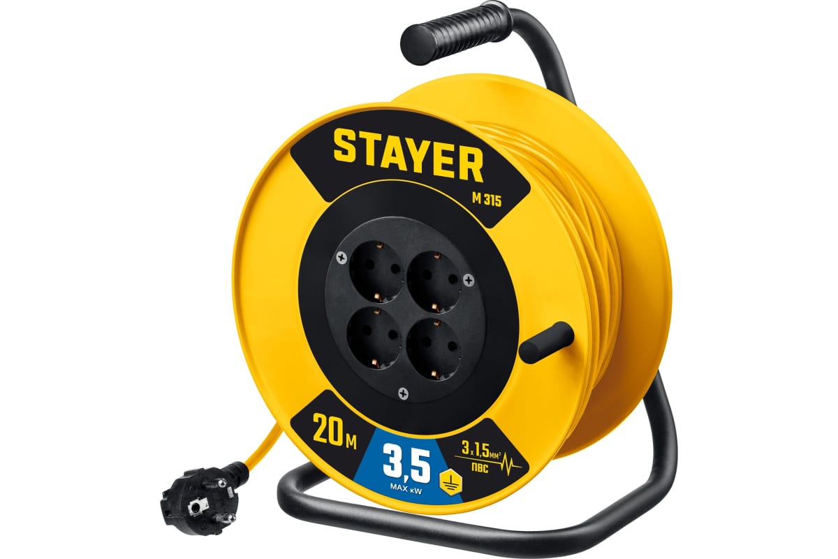 

Удлинитель на катушке STAYER M-315, 4-розетки, 20 м, черный/желтый (55078-20_z01), M-315