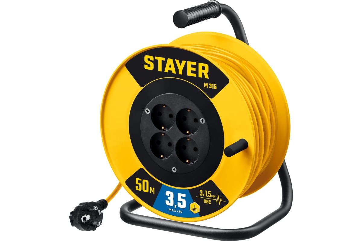 

Удлинитель на катушке STAYER M-315, 4-розетки, 50 м, черный/желтый (55078-50_z01), M-315