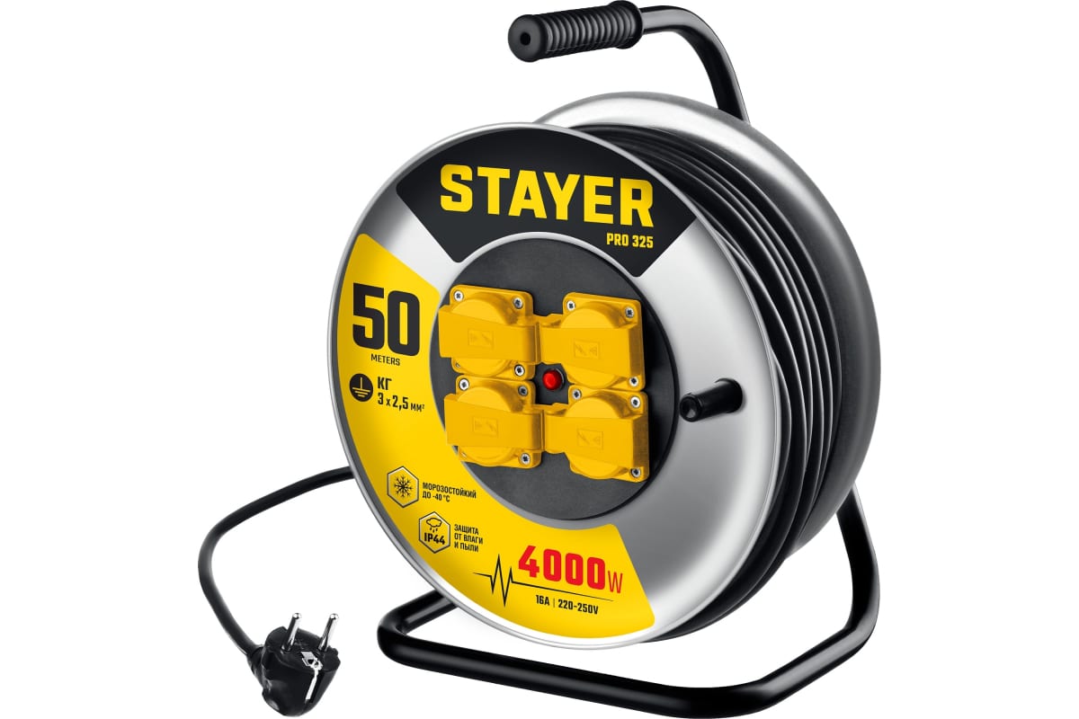 

Удлинитель на катушке STAYER Pro-325, 4-розетки, 50 м, черный (55076-50_z01), Pro-325