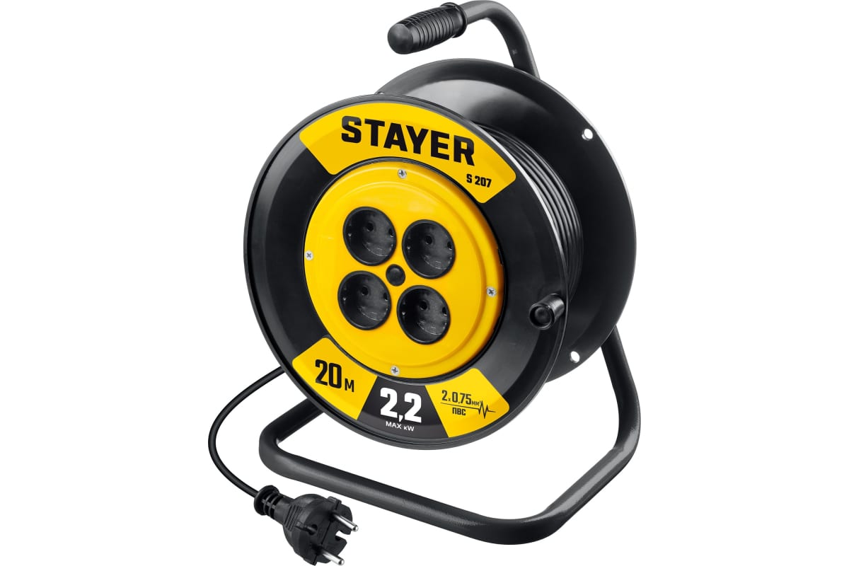 

Удлинитель на катушке STAYER S-207, 4-розетки, 20 м, черный (55073-20_z02), S-207