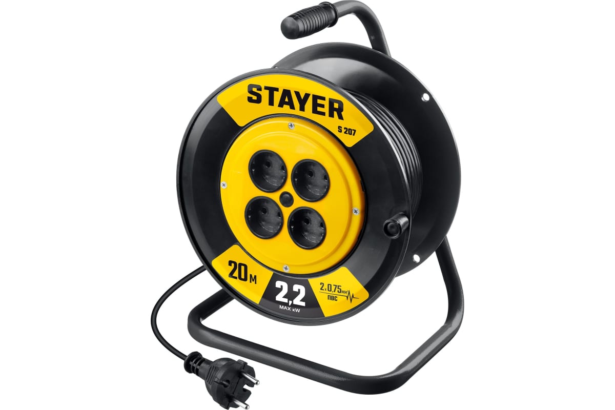 Удлинитель на катушке STAYER S-207, 4-розетки, 20 м, черный (55073-20_z02)