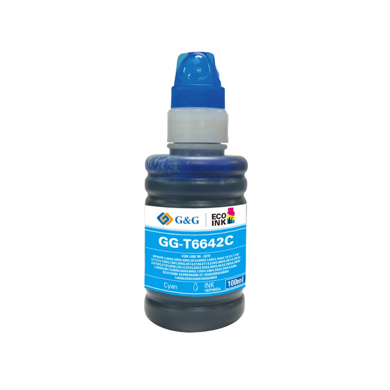 

Чернила G&G C13T66424A, 100 мл, голубой, совместимые для Epson L100/L110/L120/L1300/L200/L210/L300/L350/L355/L364/L382/L386/L486/L550/L555/L1455/L605/L485/L385/L380/L361/L101/L111/L130/L201/L211/L220/L301/L303/L310/L313/L351/L353/L358/L360/L363/L365/L455/