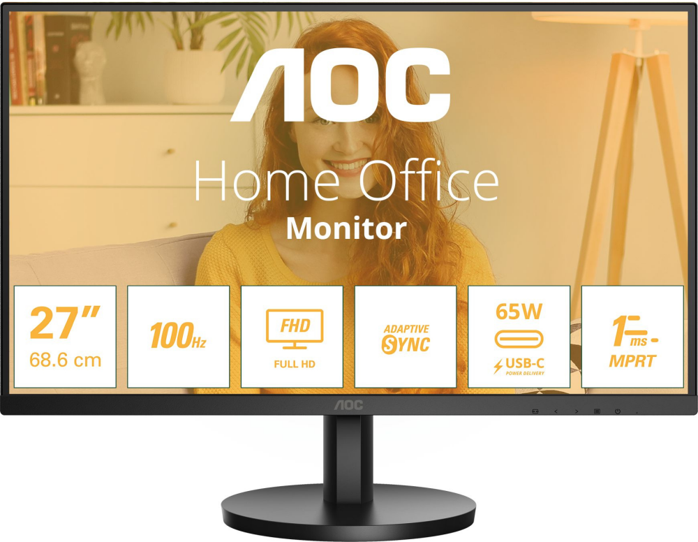 

Монитор 27" AOC Home Office 27B3CA2 IPS, 1920x1080 (16:9), 250кд/м2, 100 Гц, 1 мс, 178°/178°, HDMI, DisplayPort, USB Type-C, черный (27B3CA2), 27B3CA2