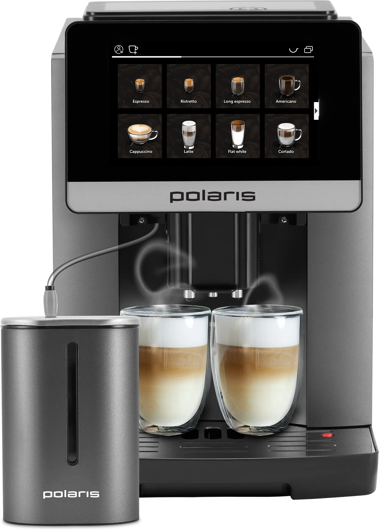 Кофемашина автоматическая Polaris PACM 2080AC, зерновой / молотый, 1.8 л, автоматический капучинатор, металлические жернова, дисплей, управление со смартфона, темно-серый, 1.5 кВт (PACM2080AC)