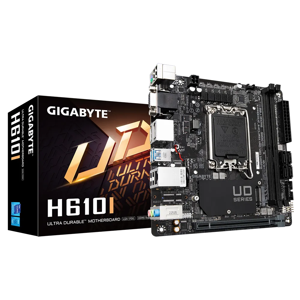 Материнская плата GIGABYTE H610I, Socket1700, Intel H610, 2xDDR5 DIMM, PCI-Ex16, 4SATA3, 7.1-ch, GLAN, 4 USB 3.2, VGA, HDMI, DP, mini-ITX, Retail