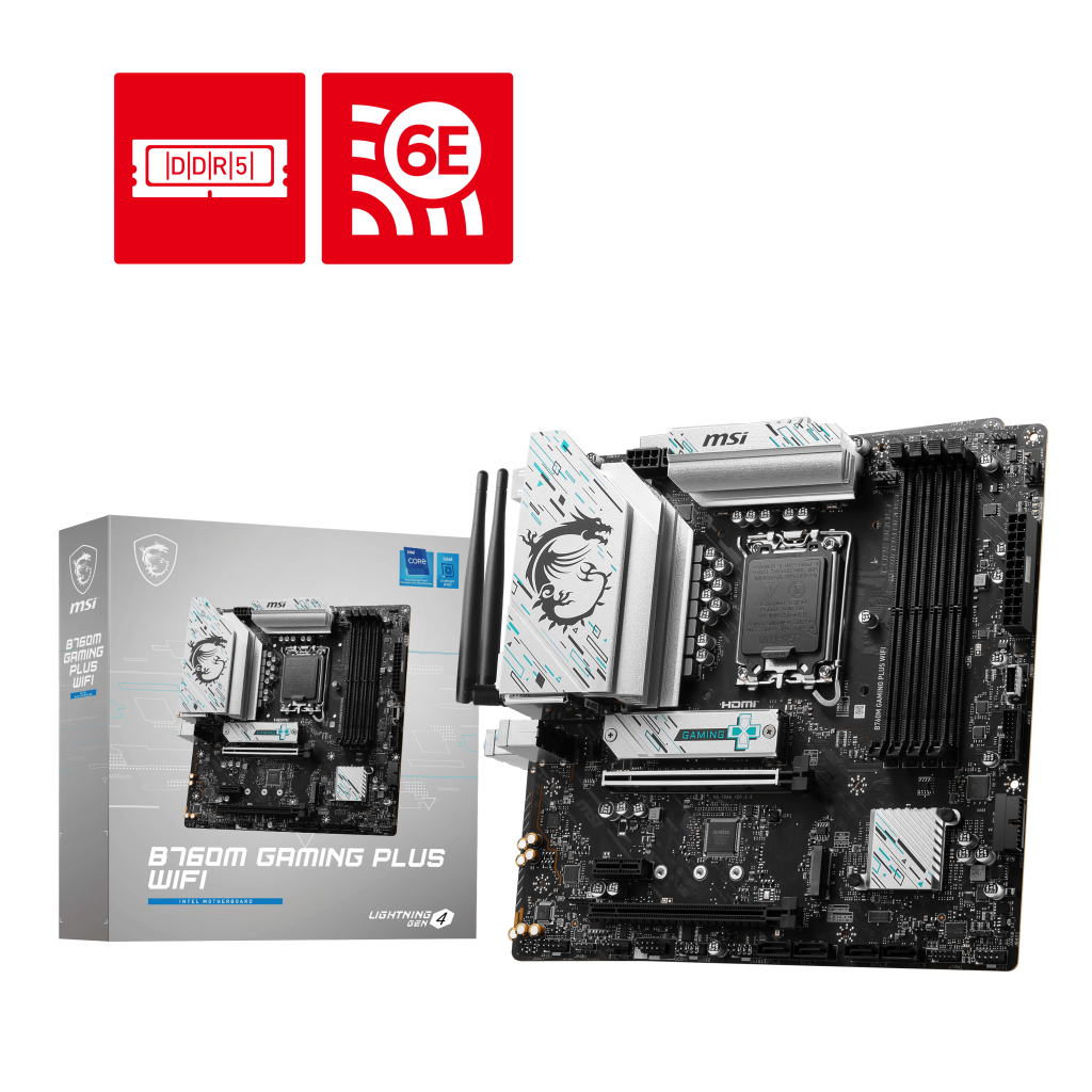 

Материнская плата MSI B760M GAMING PLUS WIFI, Socket1700, Intel B760, 4xDDR5 DIMM, 2PCI-Ex16, 4SATA3, 7.1-ch, 2.5GLAN, 8 USB 3.2, 1 USB Type-C, HDMI, DP, mATX, Retail, B760M GAMING PLUS WIFI