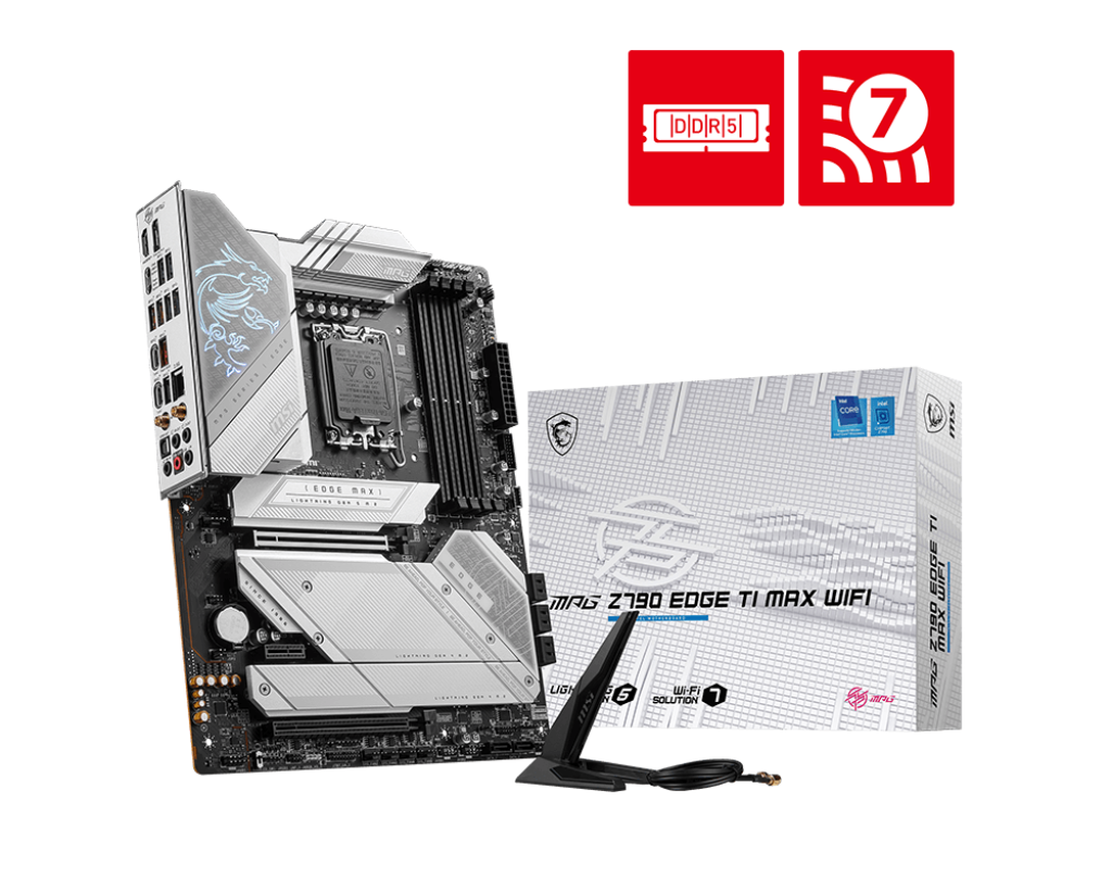 Материнская плата MSI MPG Z790 EDGE TI MAX WIFI, Socket1700, Intel Z790, 4xDDR5 DIMM, 2PCI-Ex16, 8SATA3, 7.1-ch, 2.5GLAN, 10 USB 3.2, 3 USB Type-C, HDMI, DP, ATX, Retail