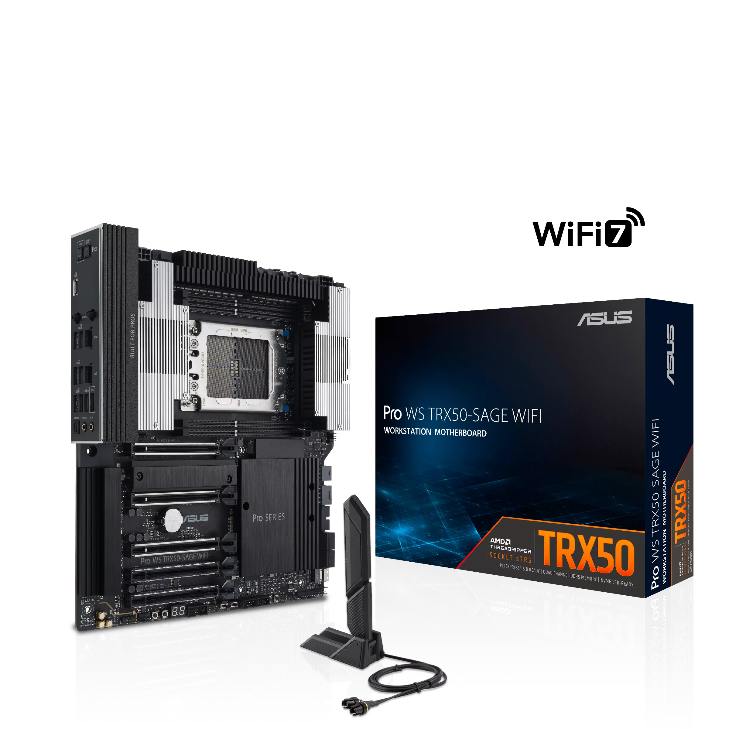 Материнская плата ASUS PRO WS TRX50-SAGE WIFI, sTR5, AMD TRX50, 4xDDR5 DIMM, 5PCI-Ex16, 4SATA3, 7.1-ch, 2.5GLAN, 10GLAN, 8 USB 3.2, 2 USB Type-C, ATX, Retail