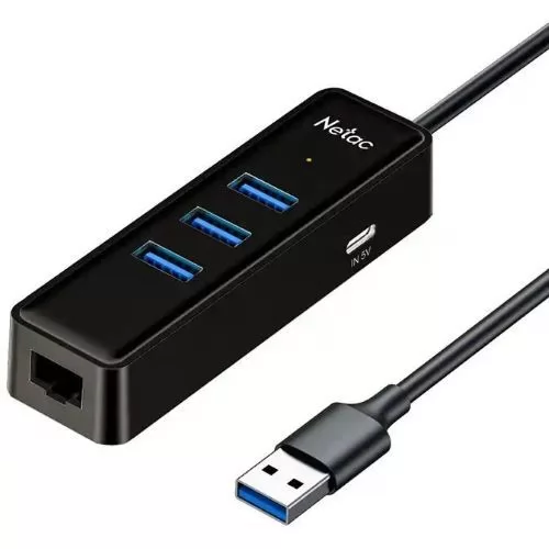 USB-концентратор Netac WF12, 3xUSB 3.0, 1xUSB-C, черный + 1xRJ-45 Ethernet (NT08WF12-30BK) - фото 1