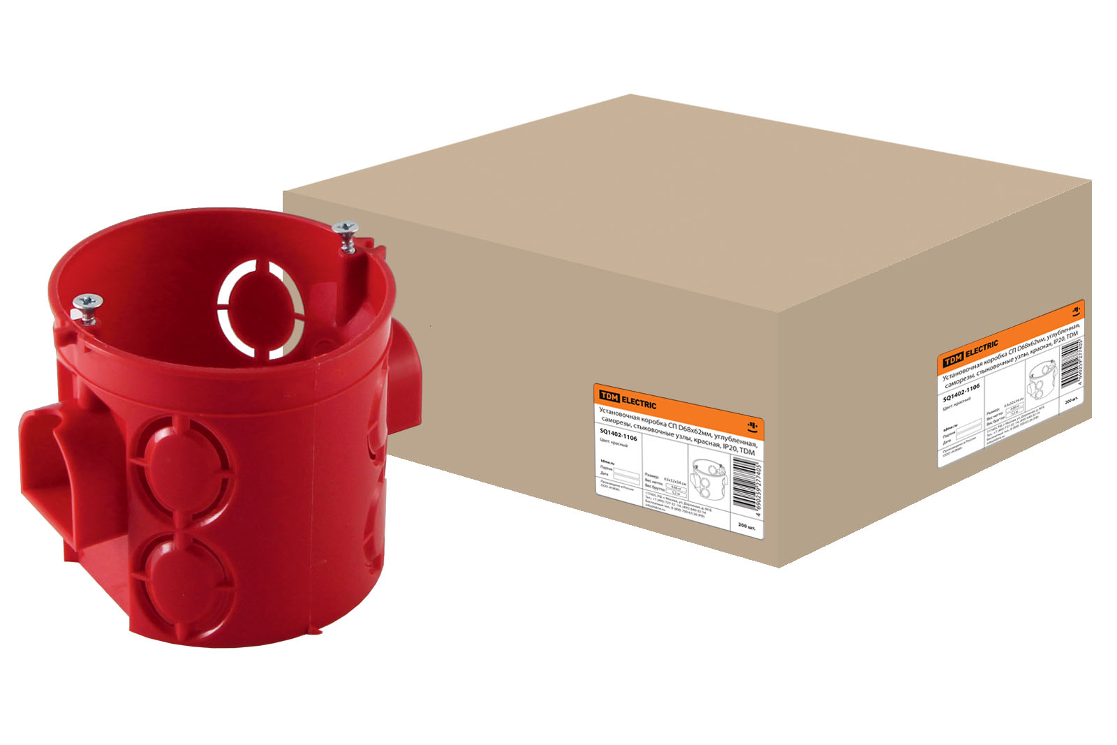 Коробка установочная TDM СП, модулей: 1, мест: 1, ⌀68 мм x 62 мм, для сплошных стен, красный (SQ1402-1106)